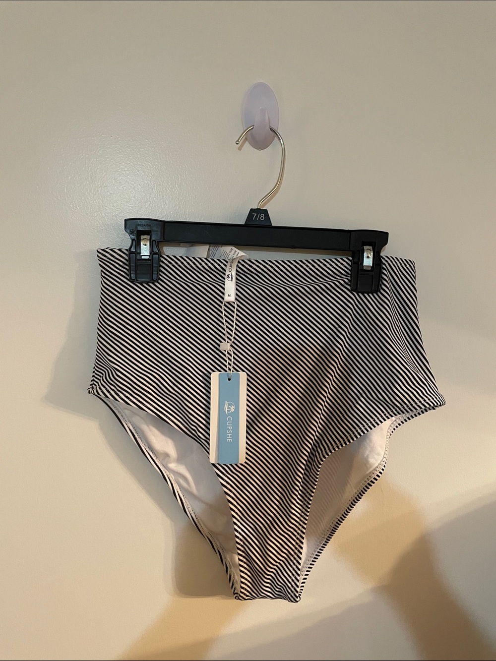 Cupshe High-Waist Striped Bikini Bottoms in black & White